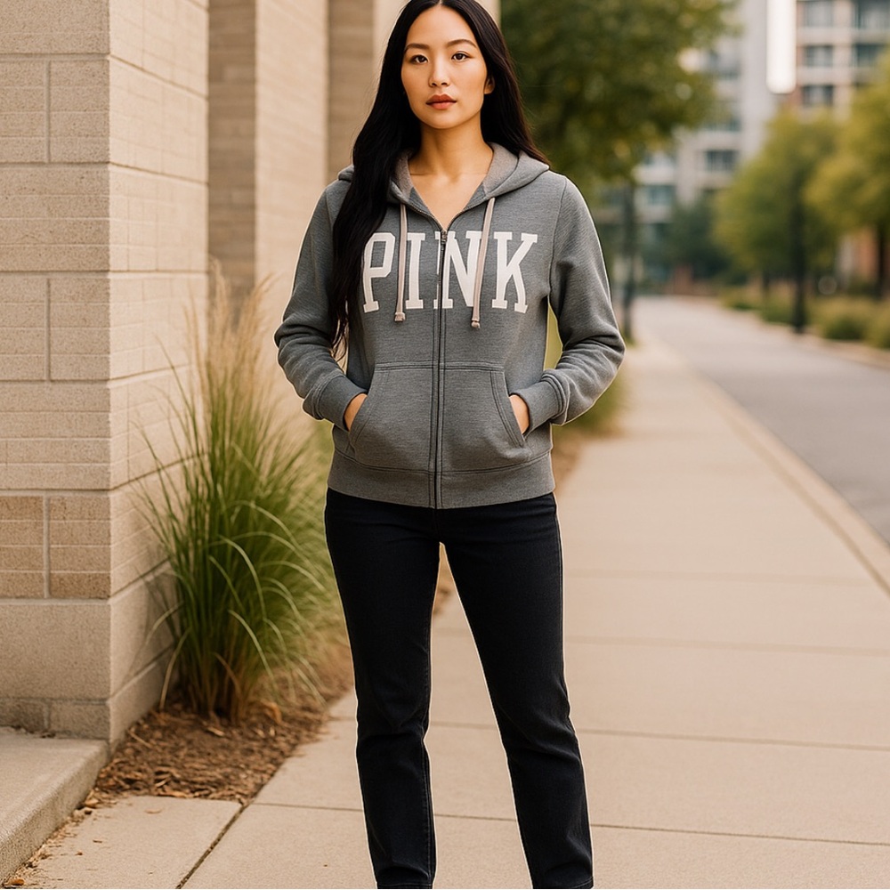 Pink brand gray zip front hoodie